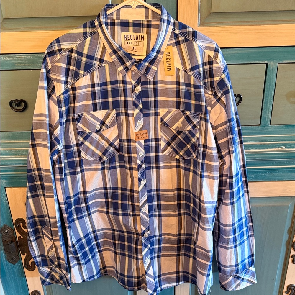 NWT Reclaim Athletic Men's Blue Plaid Shirt